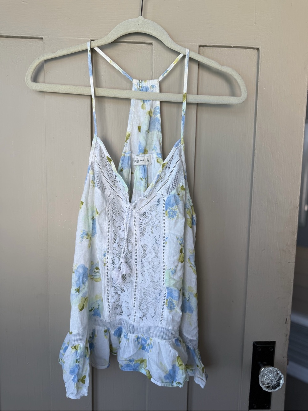 Abercrombie & Fitch White Floral Lace Trim Chemise with Blue & Green Print